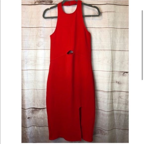 CAD Nordstrom Red Bodycon Cutout Halter Dress Black Tie Midi Slit Open Back - Picture 9 of 9